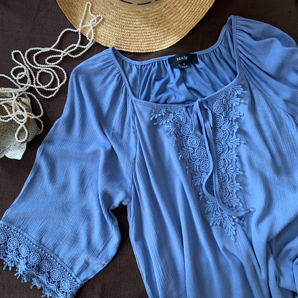 Naif Boho Crochet Crinkle Cotton Tunic Dress Med